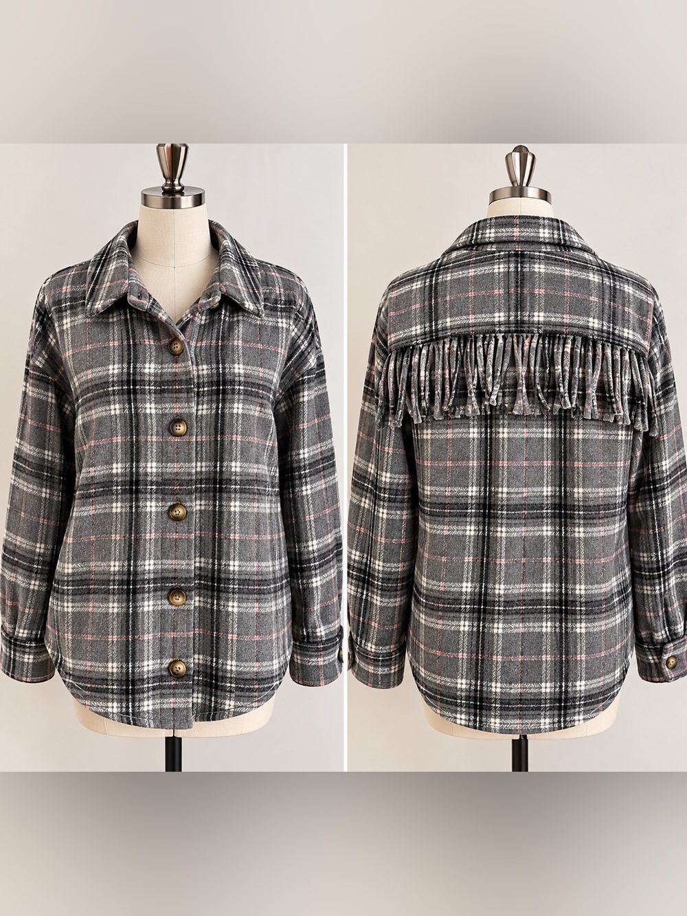 Andrée by Unit Grey Pink Plaid Fringe Back Shacket Jacket Size S NWT